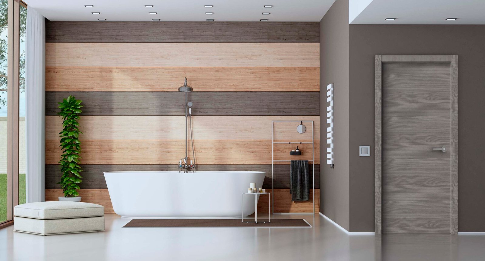 Contemporary bathroom with bathtub against wooden wall - 3d rendering